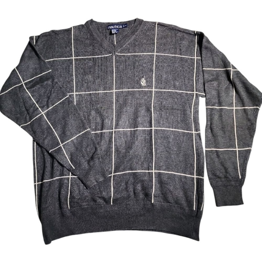 Nautica V-Neck Sweater Mens Size Medium Grey Windowpane Preppy Classic Casual